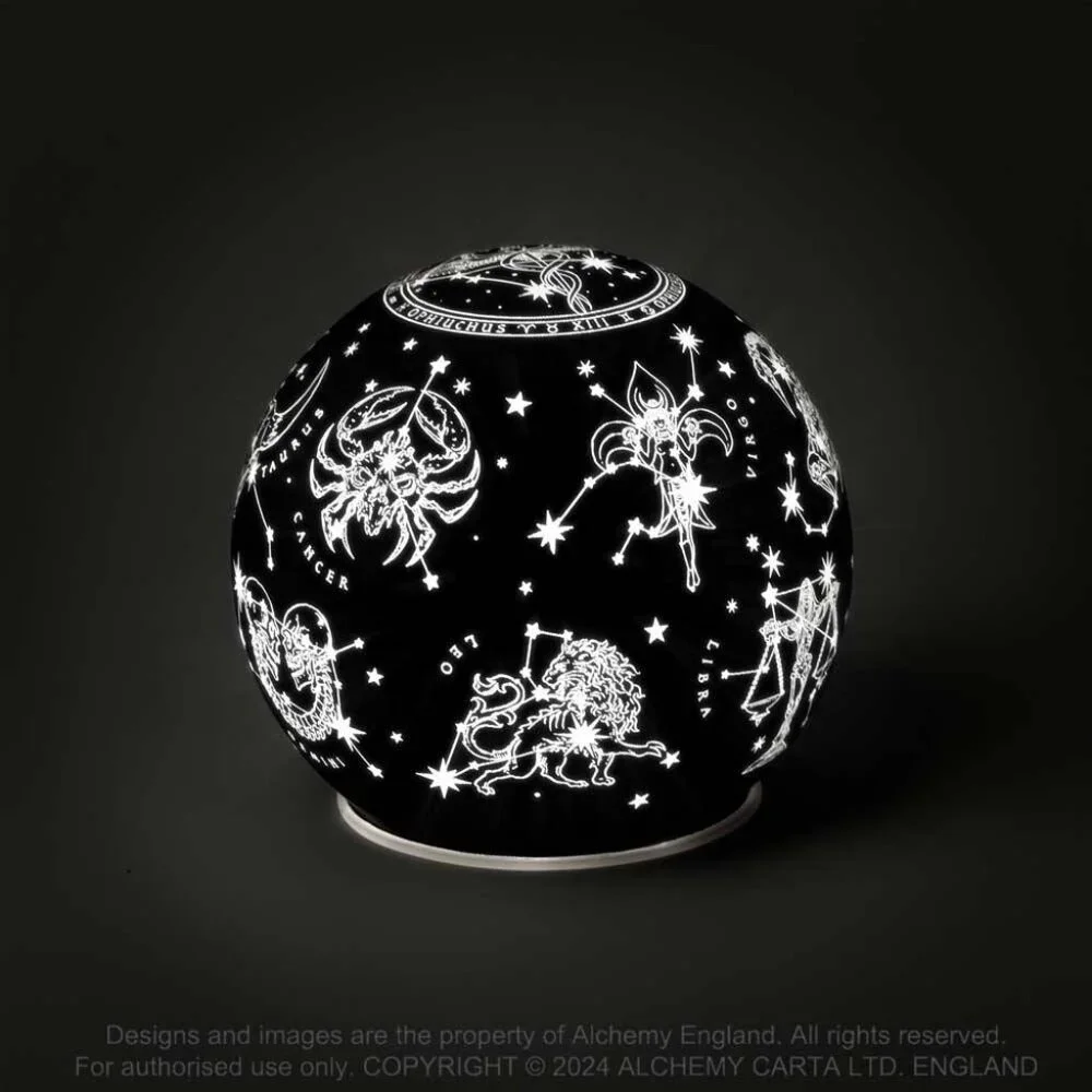 Alchemy Gothic Pagan Calendar LED Globe Light Black Glass Etched Symbols NIB